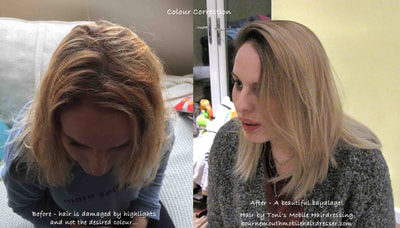 Damaged and incorrect hair colour - corrected to Balayage by Toni, mobile hairdresser in Bournemouth, Poole, Christchurch, Ferndown, Wimborne and surrounding areas